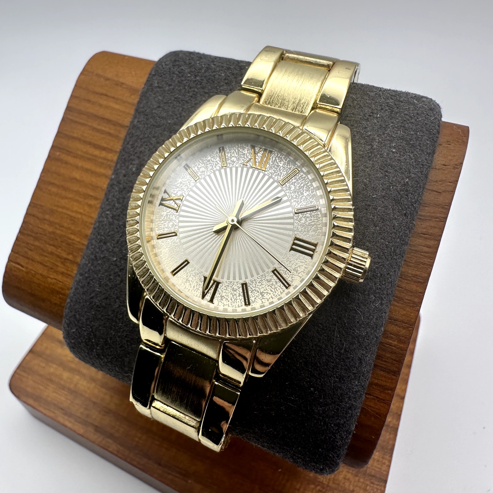 Gold Tone Quartz Watch W Fluted Bezel Decorative Sunburst Dial Roman Numerals